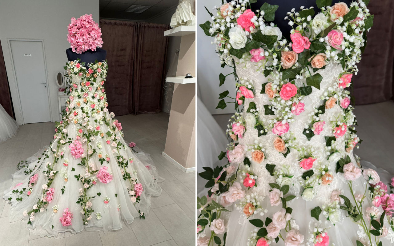 Landesgartenschau 2026 in Neuss - Gerrys Brautmode und Festmode feiert mit - Weisses Kleid aufwändig mit Blüten und Blättern dekoriert